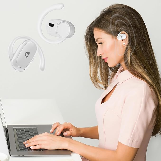 1Mii Open Ear Headphones, Wireless Sports Earbuds 60 Hours Long Playtime with Charging Case (White)