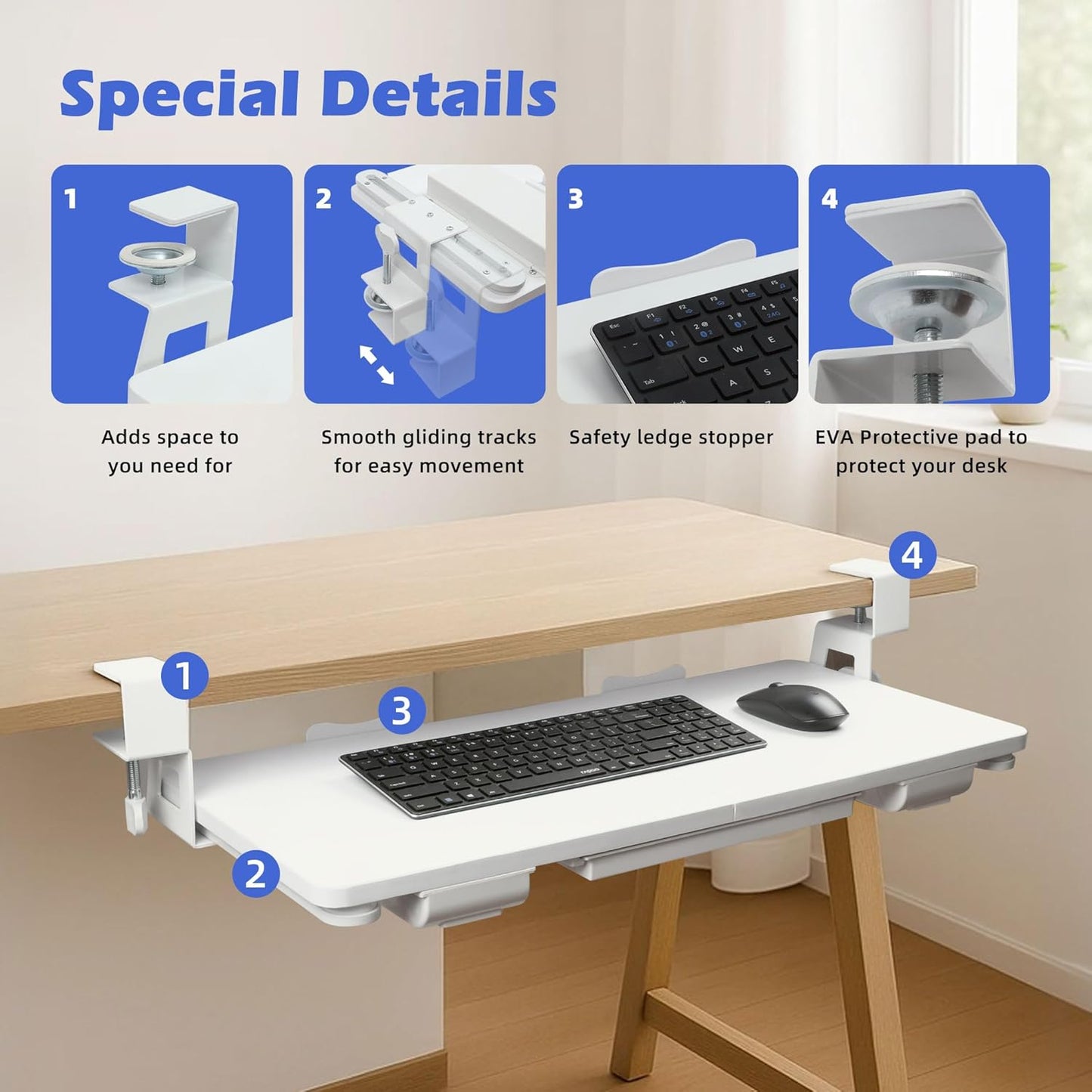 Keyboard Tray Under Desk with Drawer,26.77" X 11.81"Large Size Keyboard Tray with C Clamp-on Mount, Easy to Install, for Home Office (White)
