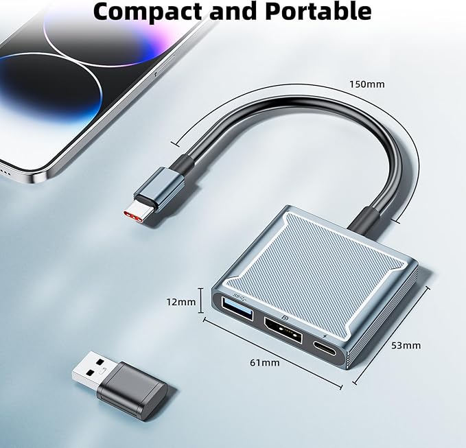 USB C to DisplayPort Multiport Adapter Dock, BolAAzuL 3-in-1 Type C Hub with 1xDP 1.4 + 1xUSB 2.0 + 1xPD Charging Port(Type C), 8K 60Hz/ 100W PD/DP ALT Mode Supported for Macboo pro, iPad pro, Monitor