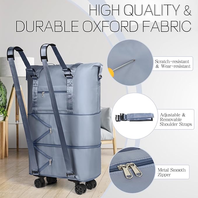 VOOWO Duffel Bag with Wheels - Rolling Foldable Expandable Duffle Bag with Wheels for Travel, Rolling Luggage Bag Carry On Travel Bag with Wheels, Large Wheeled Overnight Weekender Bag (Blue)