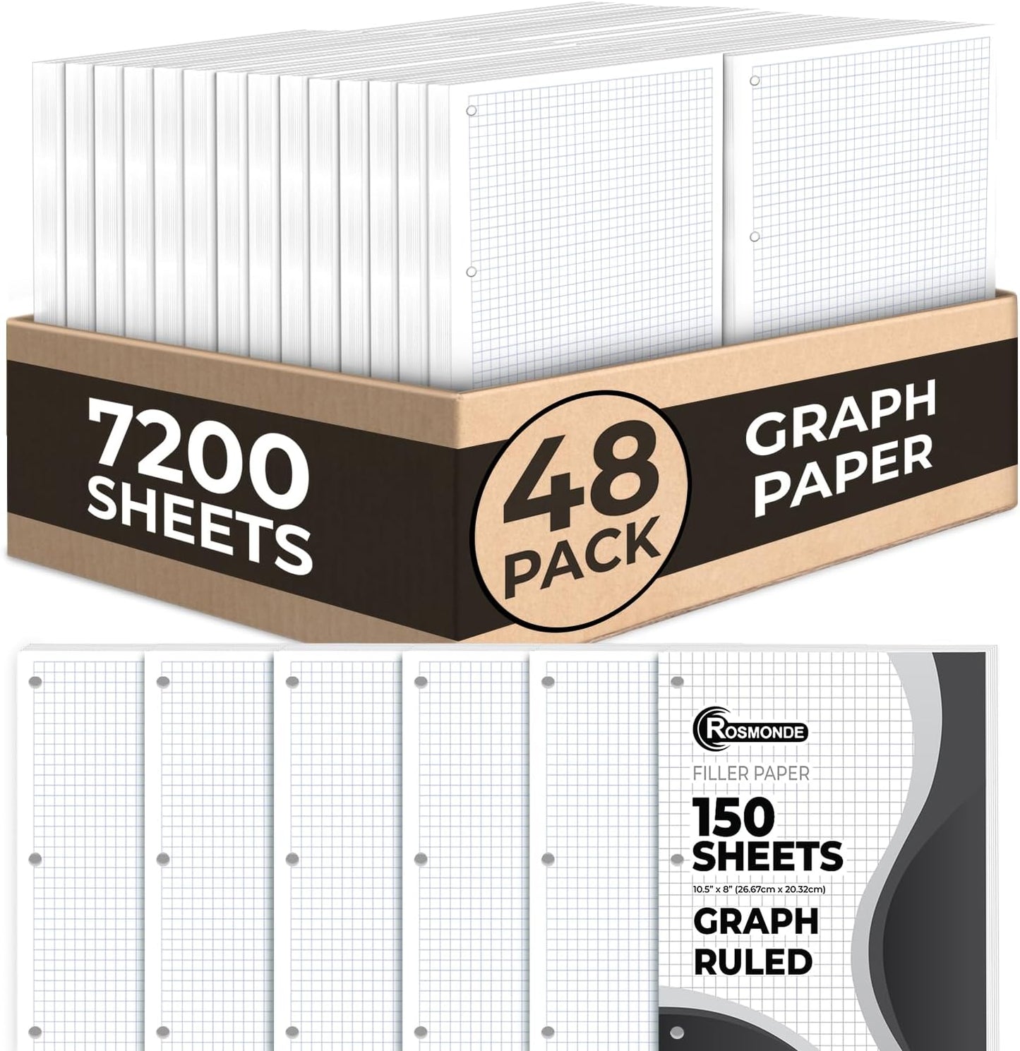 7200 Sheets Graph Paper Bulk, 48 Pack, Bulk Loose Leaf Paper, 4x4, 8" x 10.5", Bulk Grid Paper, Thick Graphing Paper, Fights Ink Bleed, 3 Hole Punched, Quad Ruled Sheets, Bulk School Supplies