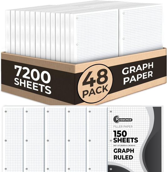 7200 Sheets Graph Paper Bulk, 48 Pack, Bulk Loose Leaf Paper, 4x4, 8" x 10.5", Bulk Grid Paper, Thick Graphing Paper, Fights Ink Bleed, 3 Hole Punched, Quad Ruled Sheets, Bulk School Supplies