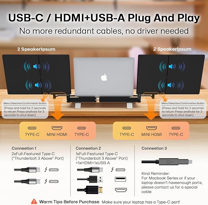 14" Laptop Screen Extender Smart Base - Upgraded Triple Portable Monitor FHD 1080P -300% More Efficient, 360° Rotation/Detachable Dual Display, Plug-Play USB C/HDMI,Laptop Monitor Extender for Win/Mac