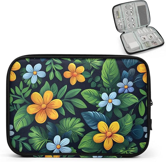 Yellow Blue Flowers Electronics Travel Organizer Case, Tech Accessories Cable Storage Bag for Cords, Charger, Phone, Hard Drive