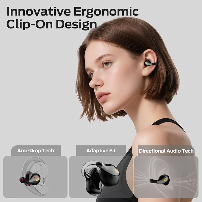 Monster Open Ear AC225 Earbuds, Bluetooth 6.0 Wireless Headphones, Stereo Sound, Lightweight Comfort Clip-On Earbuds with ENC Mic for Clear Calls, 36H Playtime, Touch Control, IPX6 Waterproof, Black