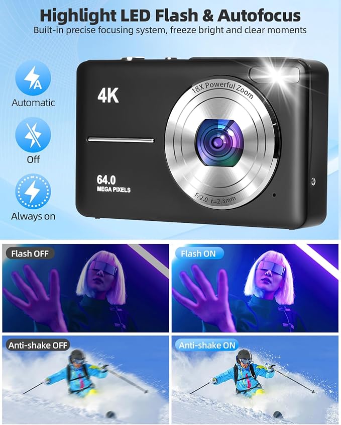 4K Digital Camera for Photography, Autofocus 64MP Vlogging Camera, 32GB TF Card, 2.8'' LED Screen, 18X Zoom, Anti-Shake, Portable YouTube Point and Shoot Digital Cameras for Kids Teens Adult Beginner
