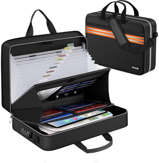 Accordion File Organizer with Lock,Fireproof Document Organizer Bag with Shoulder Strap,Large 13 Pocket Expanding File Folder,Portable Safe Storage for Letter/Legal Files,Books, Laptop-Black