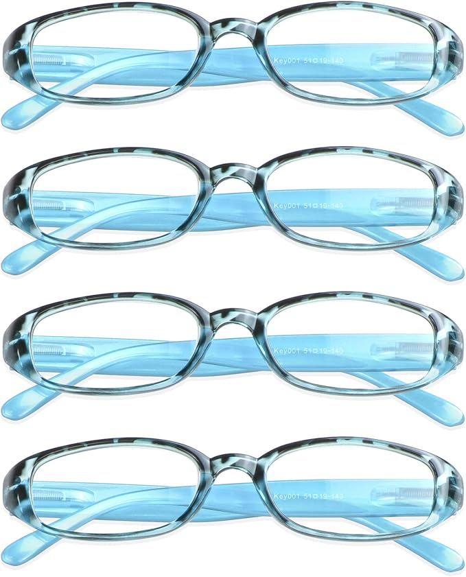 VisionGlobal 4 Pairs Reading Glasses with Spring Hinge, Blue Light Blocking Glasses for Women/Men (4 Blue, +0.50 Magnification)