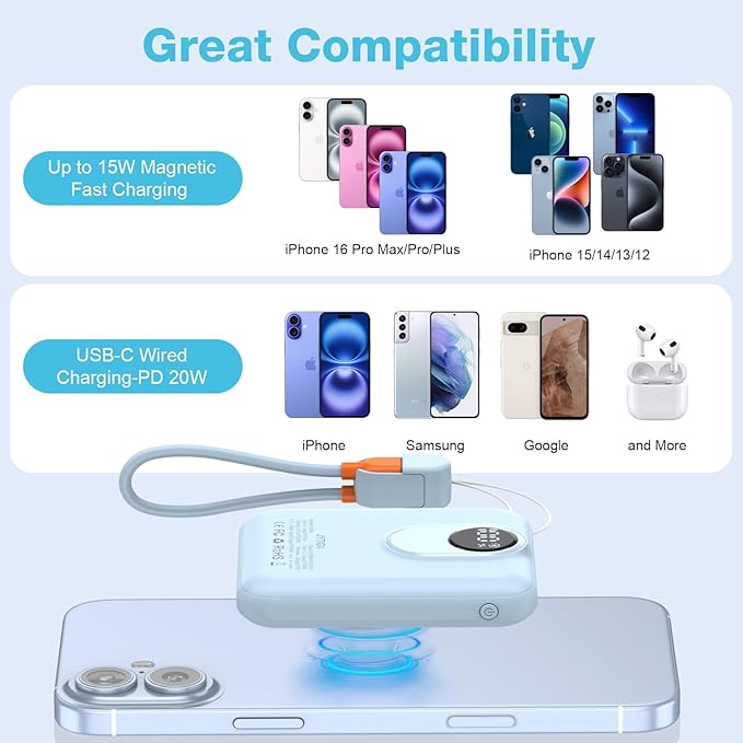 Small Magnetic Power Bank,5000mAh Mag-Safe Battery Pack with 20W Fast Charging Detachable USB C&iOS Cable,with LED Display,Slim Wireless Portable Charger for iPhone16/15/14/13/12 Series (Blue)