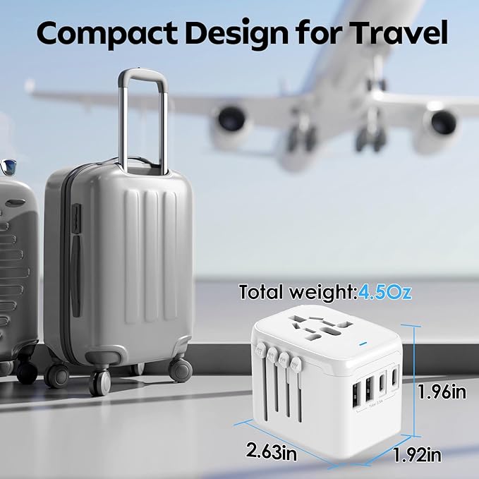 JMFONE International Power Plug Adapter, Universal Travel Adapter with 2 USB-C & 2 USB-A Ports and Multi AC Sockets, All-in-One Worldwide Travel Outlet Charger Adapter for EU US UK AU 200+ Countries