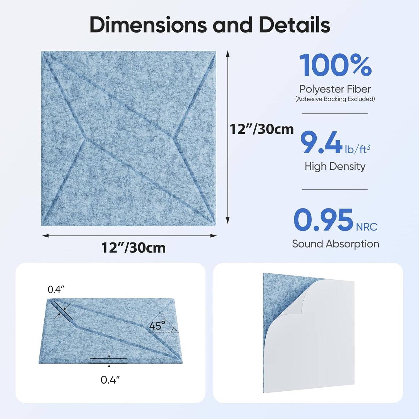 12 Pack 12" X 12" X 0.4" Acoustic Panels for Wall Sound Absorbing, P-Stripes Square Self-Adhesive Sound Panels, High Density Suitable for Multiple Scenarios(Light Sky Blue)