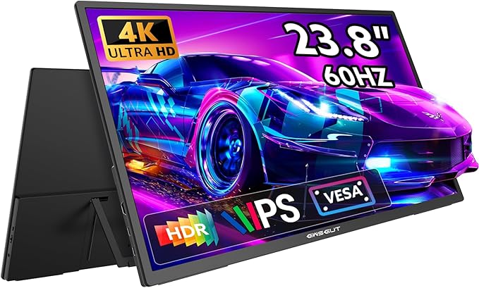 23.8'' Portable Monitor 4K UHD (3840 * 2160) 100% sRGB Fast IPS External Gaming Screen 60Hz USB-C HDMI Built-in VESA Stand Speakers for Laptop PC Mac Phone PS4/5 Xbox Switch