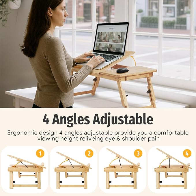 Bamboo Laptop Desk, Folding Adjustable Lap Tray Table with Drawer, Portable Lap Desk for Working, Reading, Breakfast on Sofa, Couch, or Floor
