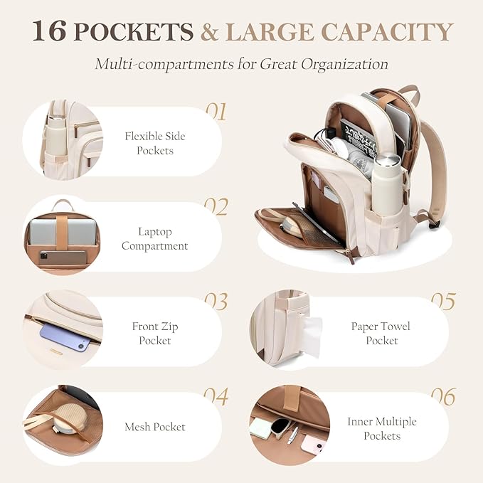 TENSTAR Laptop Backpack for Women, Computer Backpack Fit 16 Inch Notebook, Large Capacity College Backpack Bookbag Casual Daypack for Travel, Black with Beige