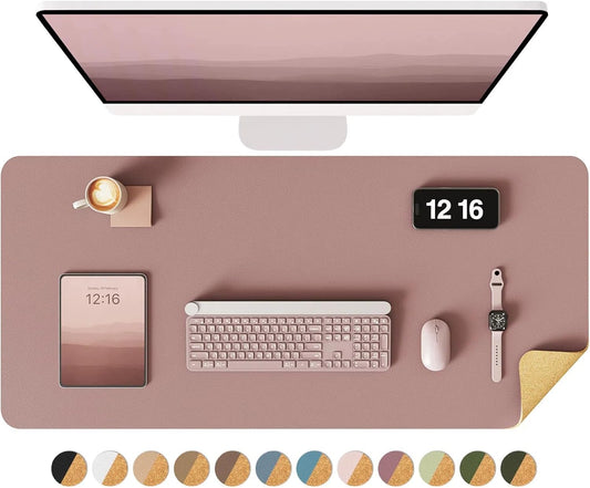 YSAGi Double-Sided Desk Pad, 35.4"x17" Leather Desk Mat, Eco Cork Desk Pad Protector,Large Mouse Pad,Waterproof Desk Blotter for Office/Home (Pale Mauve/Cork)