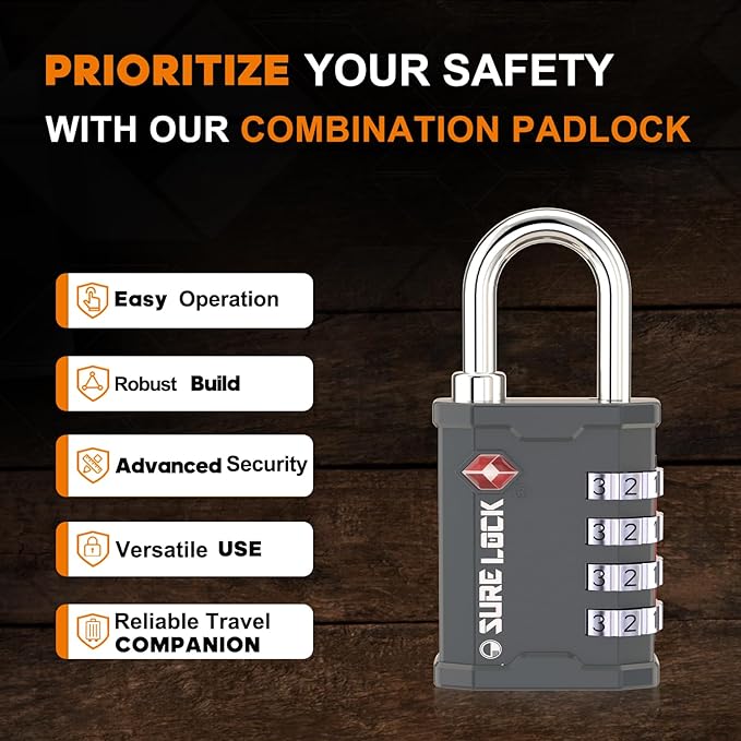 SURE LOCK TSA Accepted 4 Dig Heavy Duty Big Combination Luggage Padlock All Metal Travel Lock for Equipment Hard Case Luggage Gun Case Gym Locker Pelican Vault Lock (1, Grey)