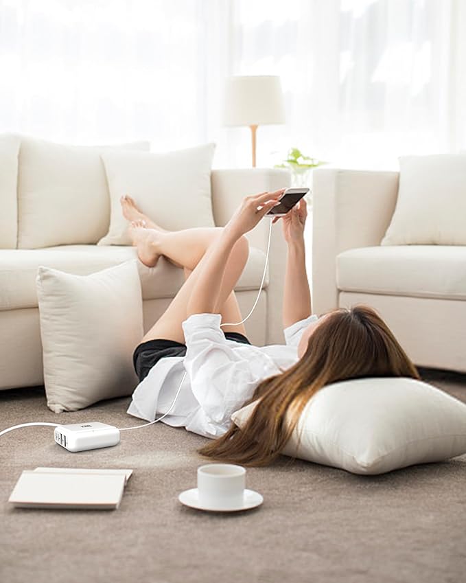 8-Port USB Charger, Multi-Port Travel USB C Charger, Mini Charging Station with USB C and USB A Ports, Charging Station Block for Traveling, Camping Compatible with Phone, Earbud (White)