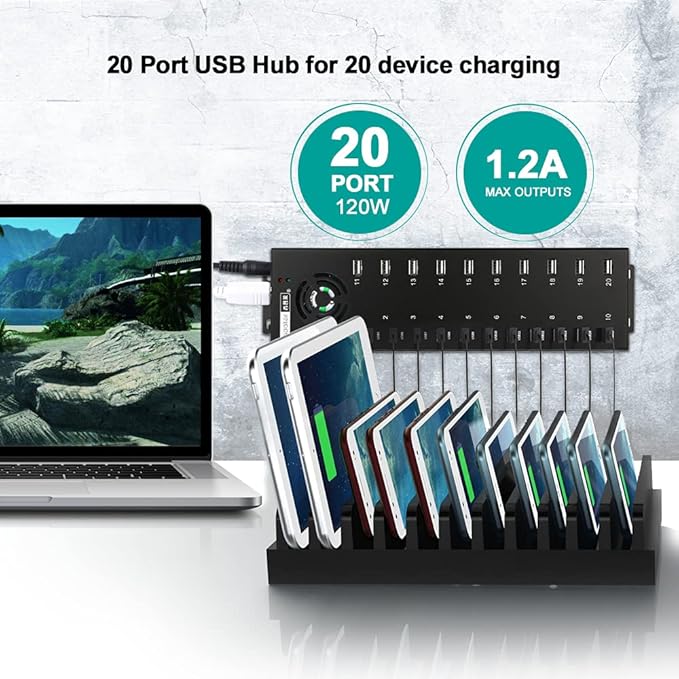 20 Ports Powered USB 2.0 Hub, Industiral USB Hub, USB Splitter 12V 10A External Power Adapter,Multiport USB Expander