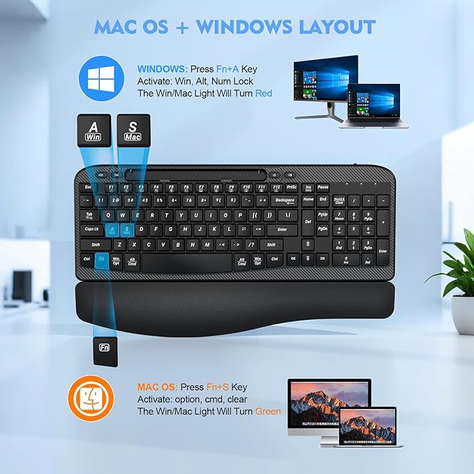 Ergonomic Wireless Keyboard with Cushioned Wrist Rest, Wave Keys, Phone Holder, Comfortable Natural Typing, 2.4GHz Full Size Cordless USB Computer Keyboard for Laptop, Mac, Windows (Black)