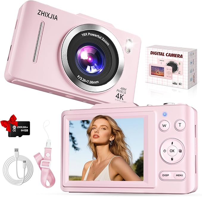 Digital Camera, Autofocus 4K Vlogging Camera for Photography with 64GB Card, Full HD 4K Point and Shoot Camera Portable Compact and Shoot Digital Camera for 16X Zoom, Anti-Shake, for Beginners, Pink