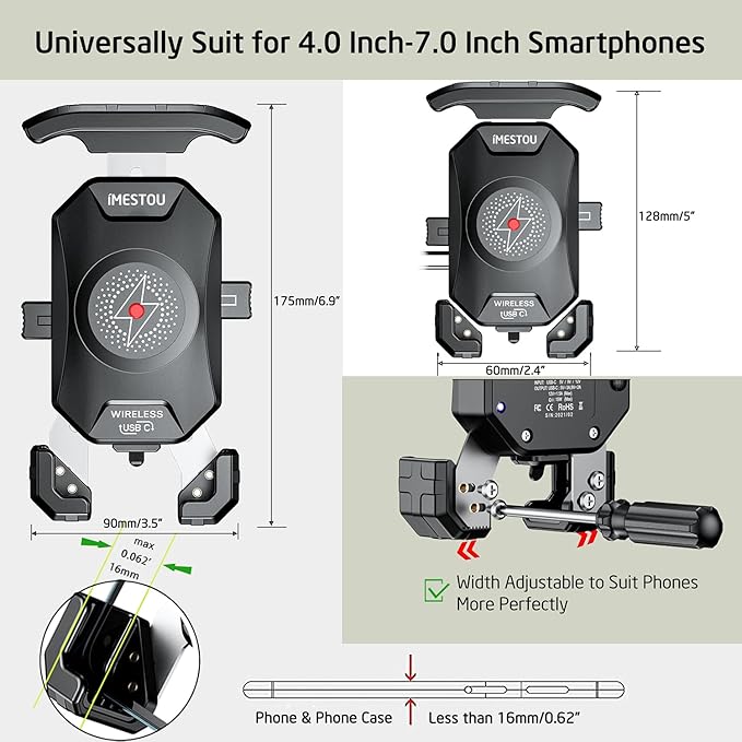 iMESTOU Anti-Theft Motorcycle Wireless Phone Mount Charger 15W & USB C 3A Handlebar 1" Ball Phone Holder Works with 12V/24V Vehicle/USB A Socket 720 Rotation Quick Charge for 4.0-7.0" Cellphones