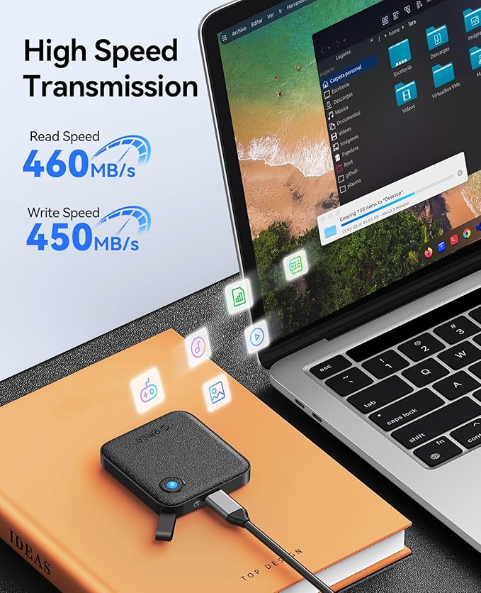 ORICO Portable SSD 2 TB with 2 in 1 USB C Cable, External Solid State Drives, Up to 460MB/s, Status Indicator, Reliable Storage for USB-C Smartphone, Tablet, PC - B5PLUS