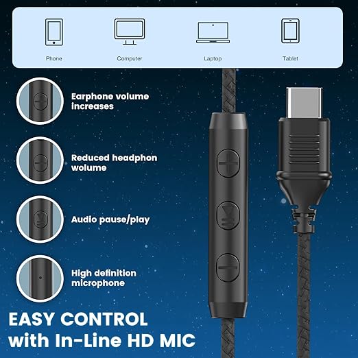 USB C Headphones Wired, Over Ear USB C Wired Headphones with Microphone, Volume Control, HD Stereo Sound, Foldable USB Type C Headphones for Adult/Teens/Chromebook/Laptop/Computer/iPhone,Black