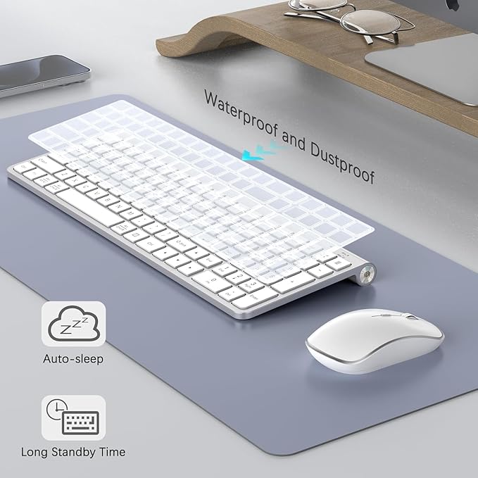 JOYACCESS Wireless Keyboard and Mouse, Ergonomic,Dustproof and Portable Wireless Keyboard with Number Keypad, Adjustable DPI Computer Mouse for Laptop,PC, Windows-Silver White