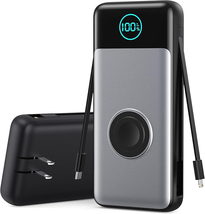 Portable Charger 26800mah for iPhone with Built-in Cables & AC Wall Plug,6-in-1 USB C Power Bank with iWatch Charger,25W PD Fast Charging Battery Pack for iPhone16/15/14/ 13/12,Android,Apple Watch etc