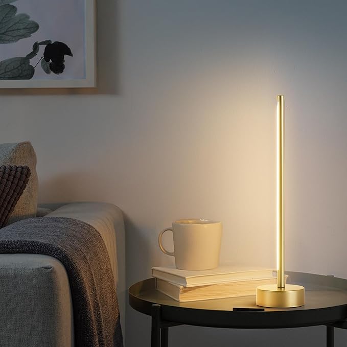 Cordless LED Table Lamp, Battery Operated Portable Desk Lamp,Dimmable/3 Color/Memory Function,Modern Rechargeable Table Light for Living Room,Bedroom,Bedside,Gold