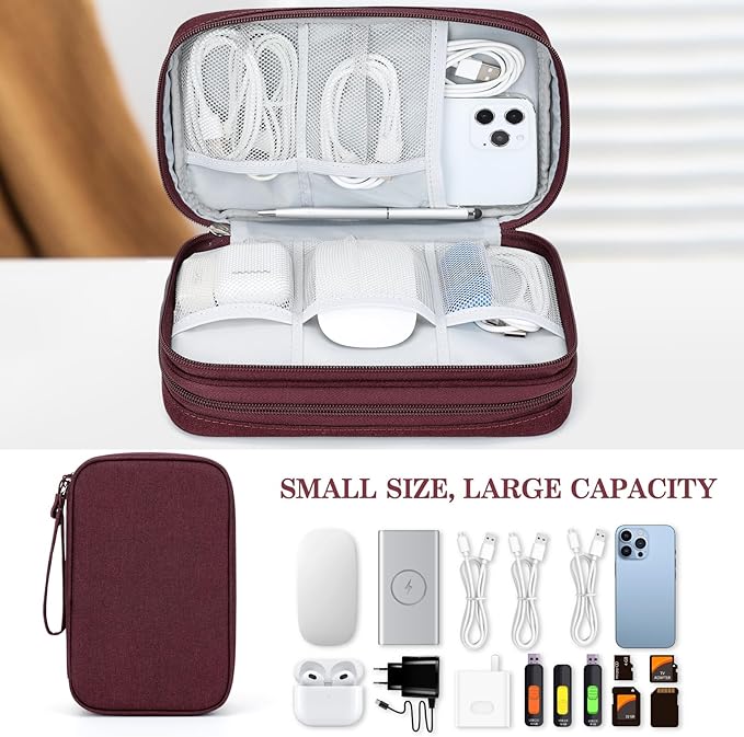 FYY Electronic Organizer, Large Travel Cable Organizer Bag Pouch Electronic Accessories Carry Case Portable Waterproof Double Layers All-in-One Storage Bag for Cable, Cord, Charger, Phone, Wine Red