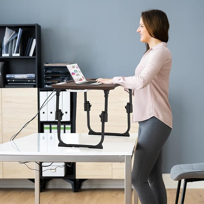 Lap Desk for Bed Adjustable Height, Foldable Bed Table with Storage Drawer, Tablet Slot & Cup Holder, Portable Laptop Stand for Bed & Sofa, Bed Desk for Adults & Kids, Walnut