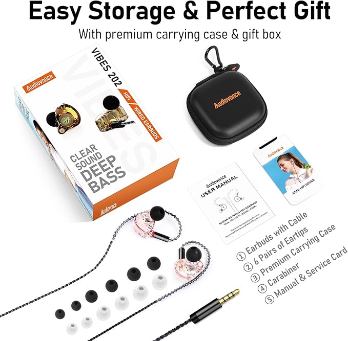 Vibes 202 Wired Earbuds - HiFi in Ear Monitor Headphones – Professional Noise-Isolating Ear Buds - Clear Sound, Deep Bass & Comfort-Fit IEM Earphones - MMCX to 3.5mm, Silver Plated Cord, Carrying Case