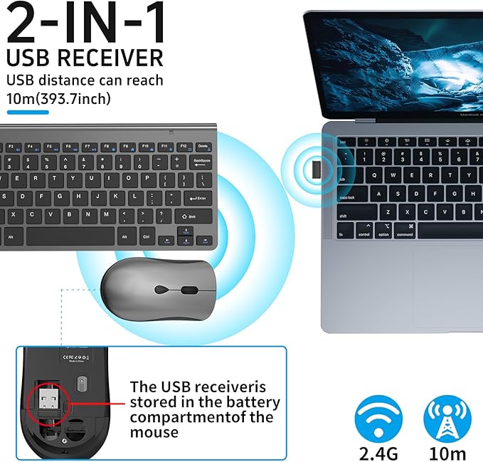 2.4G Wireless Keyboard and Mouse Compact Keyboard Mini Portable Silent Mouse, Suitable for Laptops Mac PC、 Travel Keyboard and Mouse