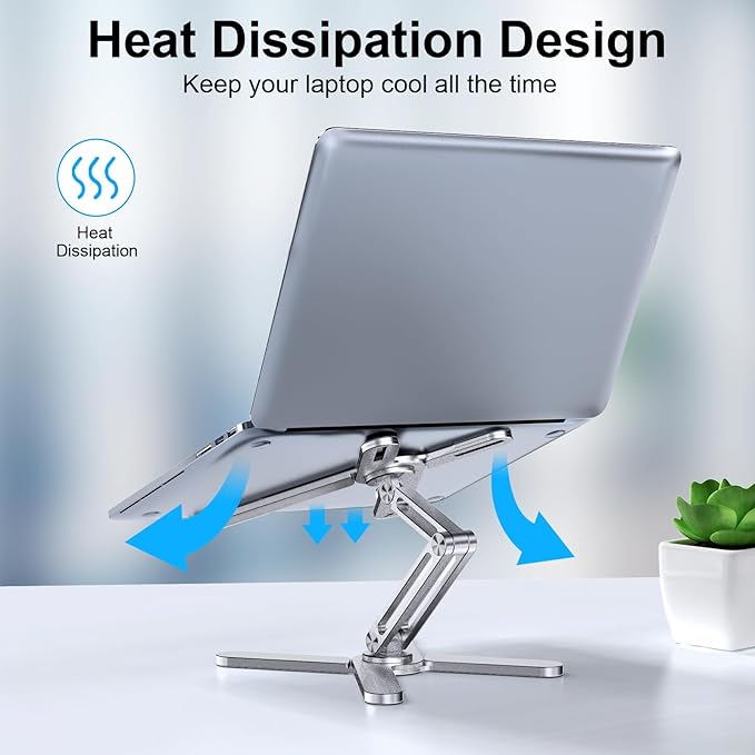 Adjustable Laptop Stand with 360 Rotating Base, Aluminum Laptop Riser for Desk Foldable, Ergonomic Notebook Stand Holder Compatible with iPad and MacBook/All Laptops up to 16 inches - Silver