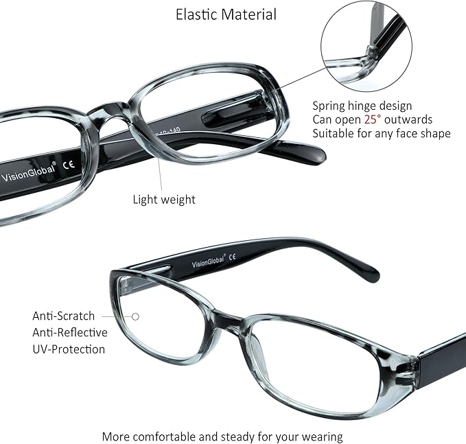 VisionGlobal 4 Pairs Reading Glasses with Spring Hinge, Blue Light Blocking Glasses for Women/Men (4 Color,+1.00 Magnification)