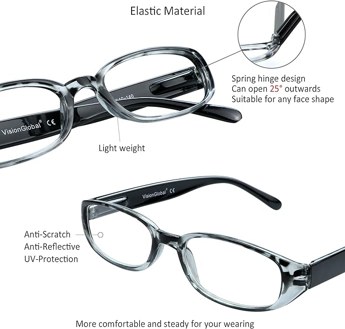 VisionGlobal 4 Pairs Reading Glasses with Spring Hinge, Blue Light Blocking Glasses for Women/Men (4 Black, +0.75 Magnification)