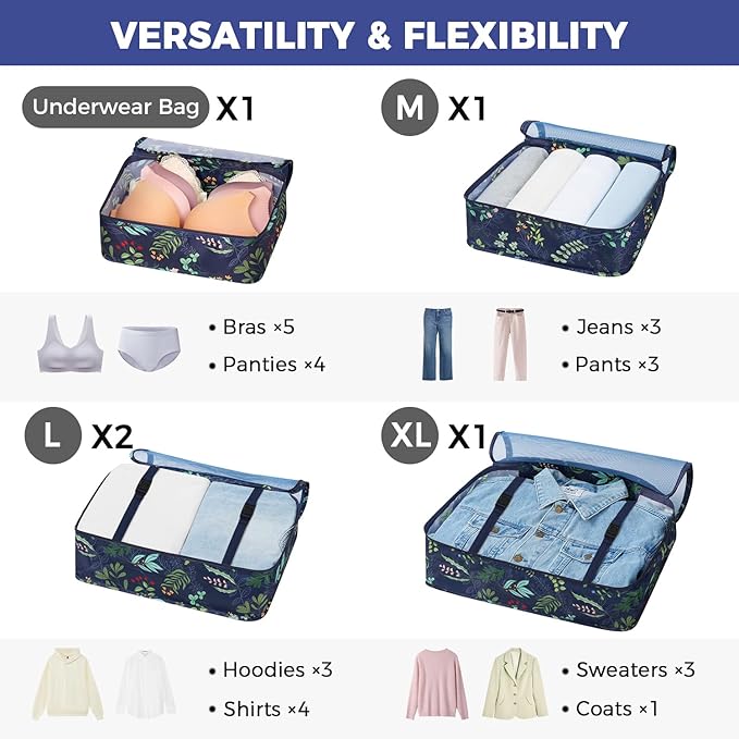 BAGAIL 8 Set Packing Cubes Luggage Packing Organizer Bags for Travel Accessories-Navy Leaf