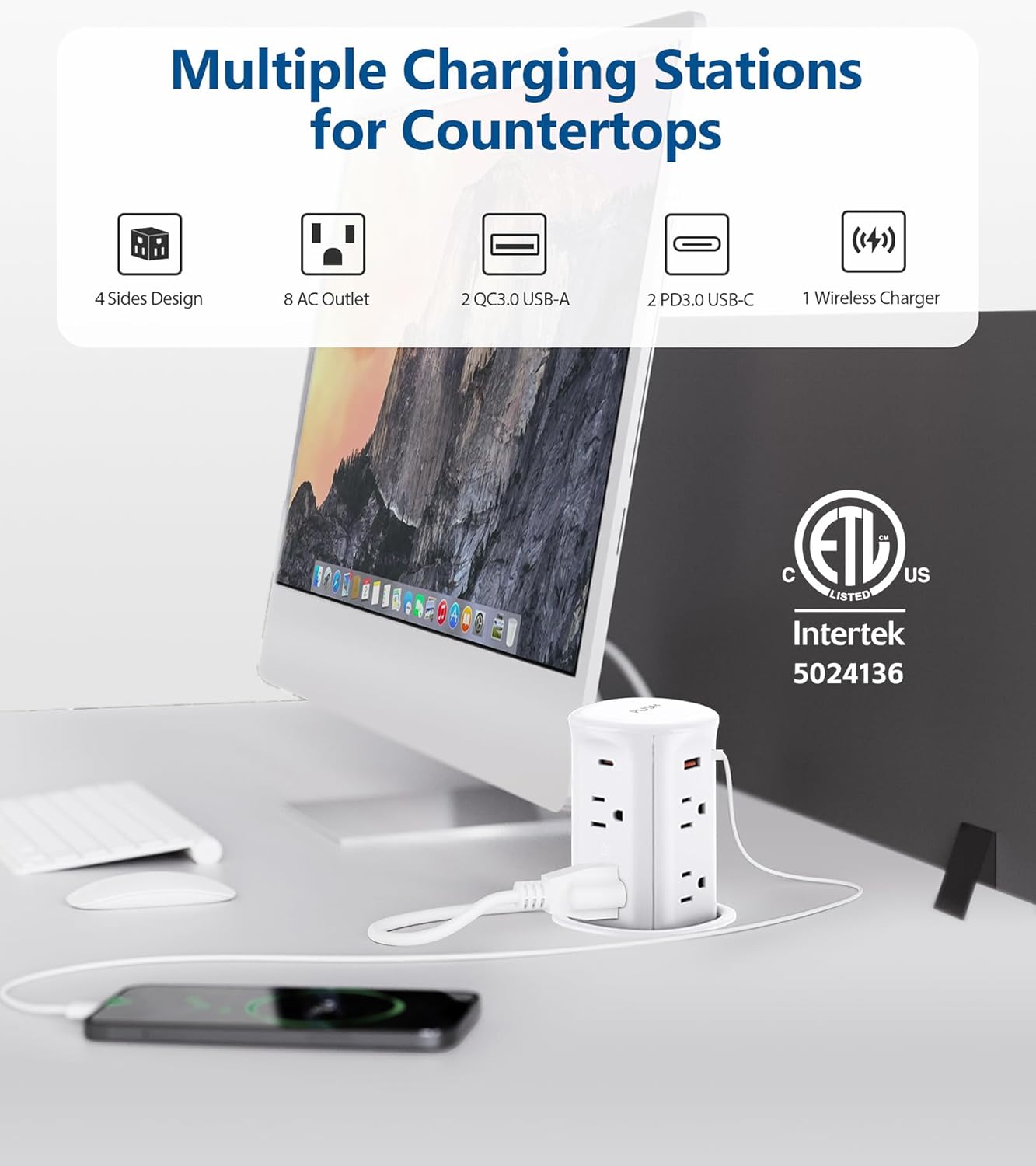 Jgstkcity Pop up Outlet for Countertop,65W USB C Fast Charging,15W Wireless Charger,13-in-1 Kitchen Island Electrical Power Station,4 USB,8 Outlets,15A Surge Protector,3.15'' Hole,ETL Listed