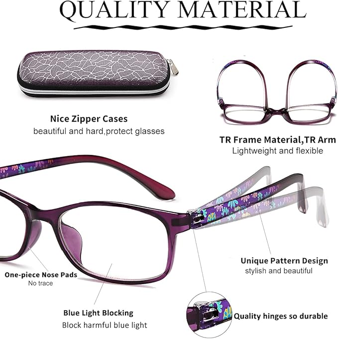EYEURL Reading Glasses Women Blue Light Blocking - Set of 2 Pattern Design Value Computer Readers (Red+Purple, 2.75)