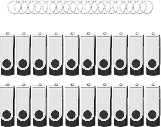 Flash Drives 32GB 20 Pack with Keychains, Wooolken Swivel USB 2.0 Thumb Drives Bulk Jump Drive Memory Stick USB Date Storage (Black)
