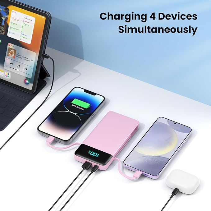 Portable Charger 13800mAh Power Bank with Built-in Cables,LCD Display Fast Charging USB C Battery Pack,4 Outputs Travel Essential Portable Phone Charger for iPhone 16/15/14/13,Android(Sakura Pink)