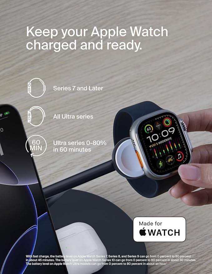 Belkin MagSafe-Compatible Charger, 3-in-1 Wireless Charging Station, Qi2-Certified 15W Wireless Charge for Apple iPhone 17 Series, Apple Watch, AirPods w/Non-Slip Base, 40W Included - Black