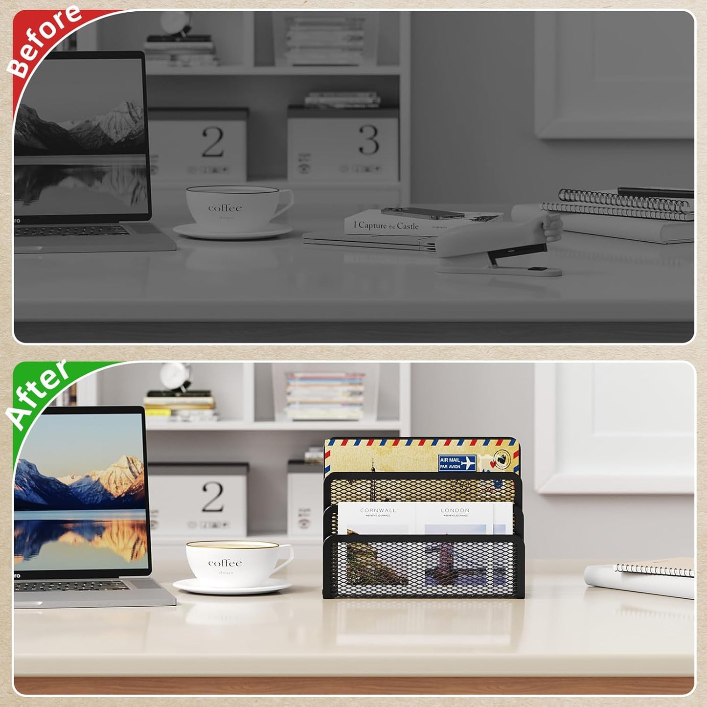 Marbrasse Mail Organizer for Desk, 3-Slot Mesh Metal Mail Holder countertop, Letter Holder, Office Desktop Envelope and Document Storage Rack (2P)