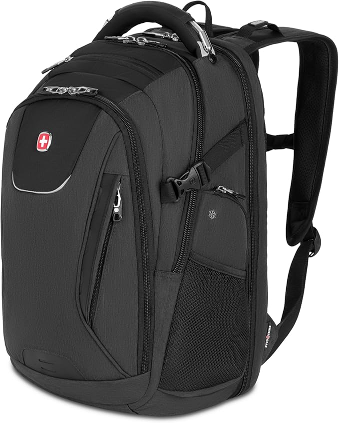 SwissGear Travel Tech Elite Laptop Backpack – Fits Laptops up to 16” – ScanSmart TSA-Friendly Backpack with USB Port, Shoe Compartment & Organizer Pockets – Heather Grey