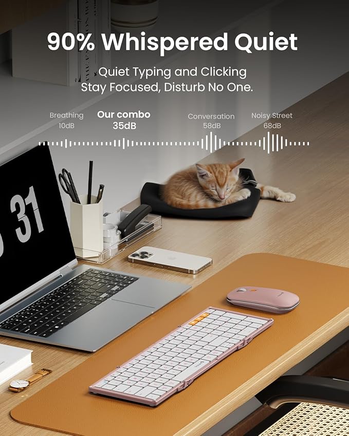 ProtoArc Foldable Keyboard and Mouse, XKM01 True Full-Size Folding Wireless Keyboard Mouse Combo for Business Travel, a Portable Office Suite On-The-Go, Compatible with Laptop iPad Tablet - Pink