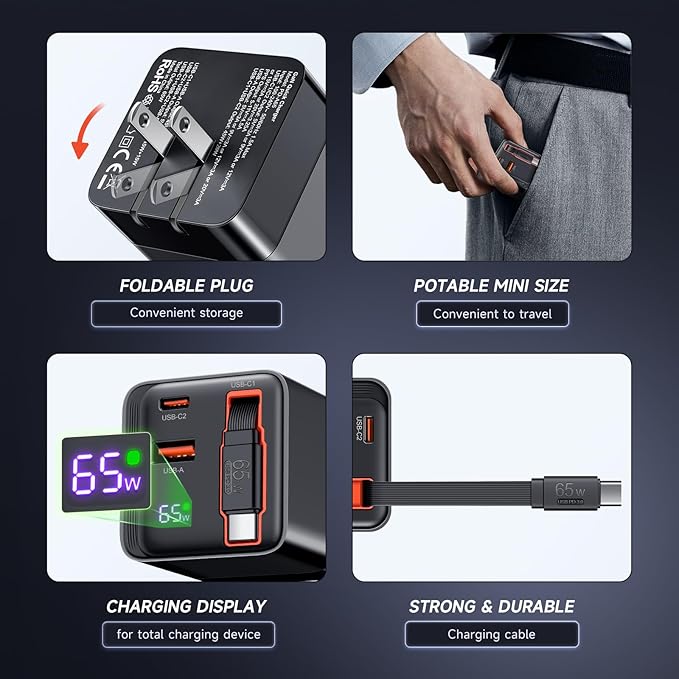 65W Retractable Wall Charger, USB C Charger Block Built-in Type C Cable & Dual Port, PD PPS Fast Charging GaN Power Adapter Travel Charger for MacBook,Lenovo IdeaPad,iPhone 16 Pro Max,Galaxy S24