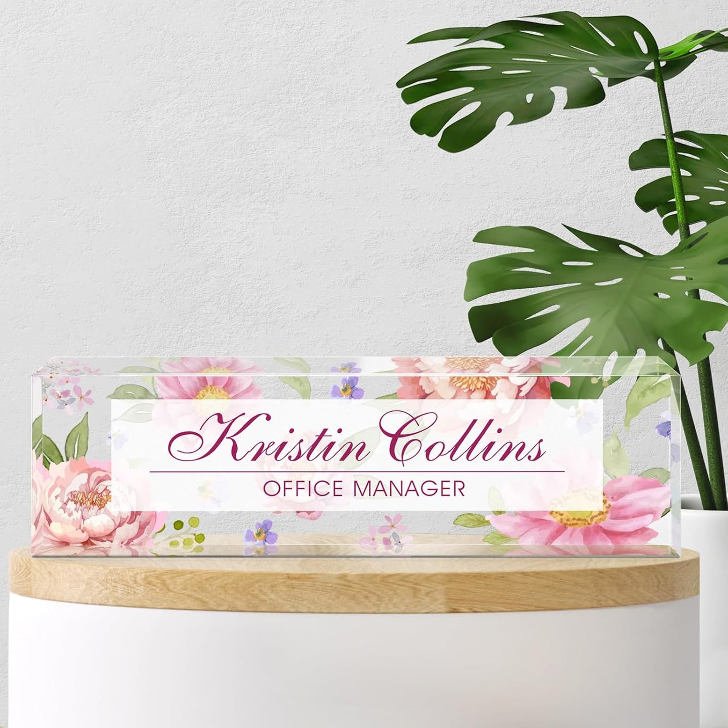 Custom Name Plate for Desk, Acrylic Office Decor For Women Men, Personalized Office Desk Accessories, Teacher Employee Appreciation Gifts For Social Worker Boss Coworkers (Flowers-3)