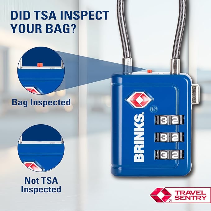 Brinks TSA Accepted Indicator Luggage Lock, Blue - Resettable 3-Dial Combination, 1.5 inch Long Cable Shackle, New More Secure TSA008 Key, 2 Pack