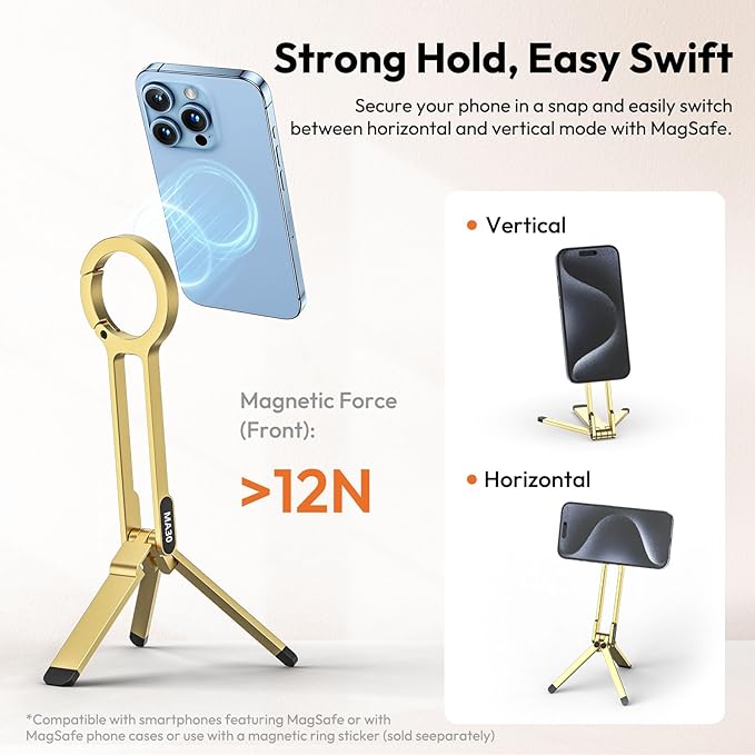 ULANZI MA30 Magnetic Phone Tripod Stand for iPhone - Aluminium Maglock Smartphone Mini Tripod Pocket Cell Phone Stand Strong Magnet Quick Mount Compatible with iPhone 17 16 15 14 13 12 Series, Gold
